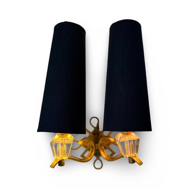Art Deco Pair of 1950s Vintage Jules Leleu French Art Deco Brass Wall Sconces For Sale - Image 3 of 9