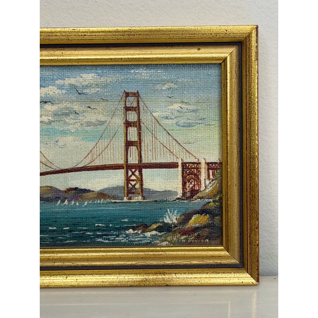 Golden Gate Bridge Oil Painting San Francisco California Miniature Coastal Landscape c.1980 Signed by Jean Bowler For Sale - Image 6 of 18