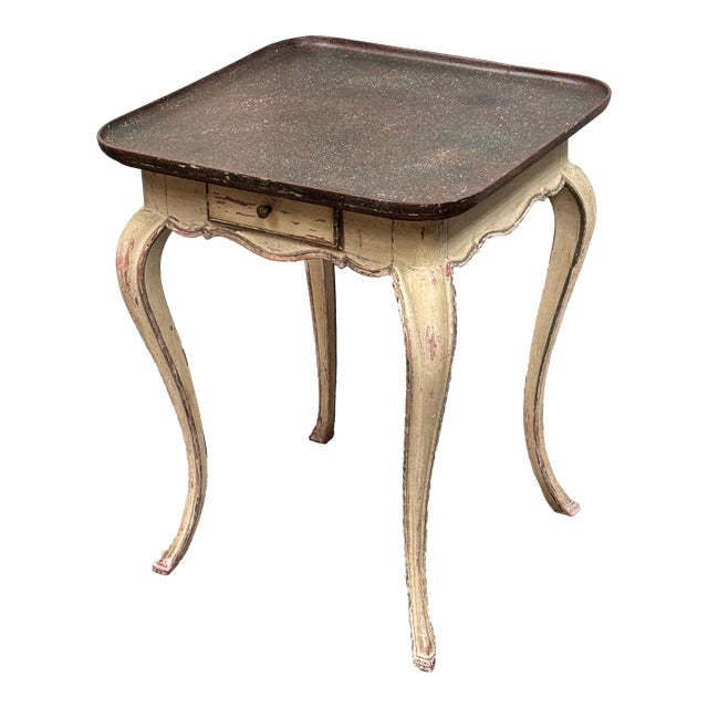 Swedish Faux Porphyry Top Side Table + Drawer, Vintage For Sale