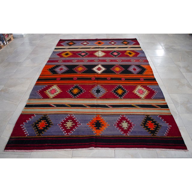 1960s Handwoven Turkish Rug Kilim Tribal Colorful Rug Living Room Decor - 6′1″ X 10′3″ For Sale - Image 16 of 16