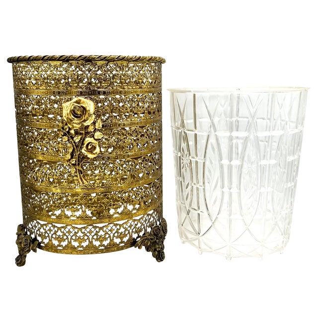 Vintage Brass Filigree Wastebasket With Rose Motif & Acrylic Liner – Hollywood Regency / Romantic For Sale In Houston - Image 6 of 14