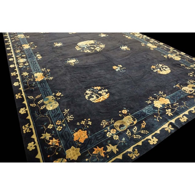 Textile Large Size 1920s Blue Navy Antique Chinese Bat and Reindeer Design Peking Rug For Sale - Image 7 of 9