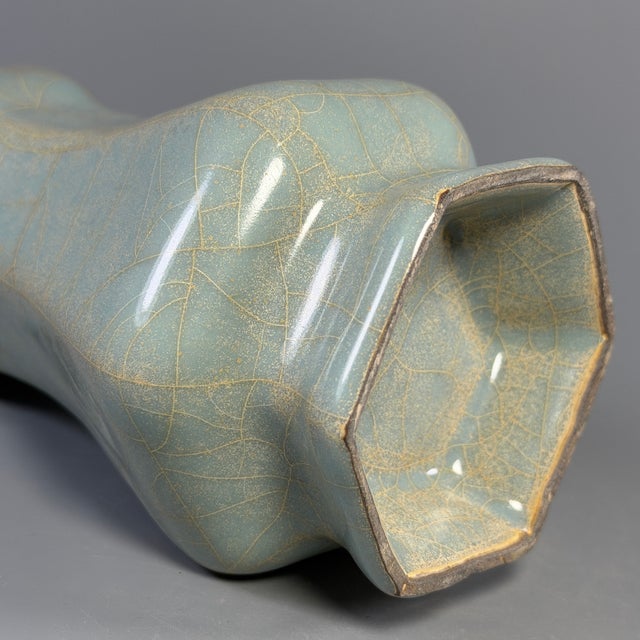 Ceramic Antique Chinese Official‑Style Celadon Hexagonal Porcelain Vase For Sale - Image 7 of 8