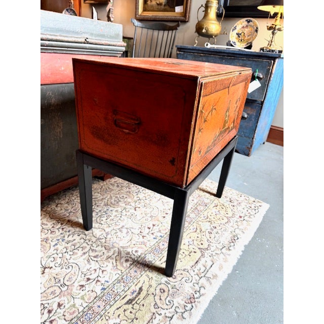 1950s Orange Chinoiserie Hand Painted Metal Trunk on Custom Stand For Sale - Image 5 of 10