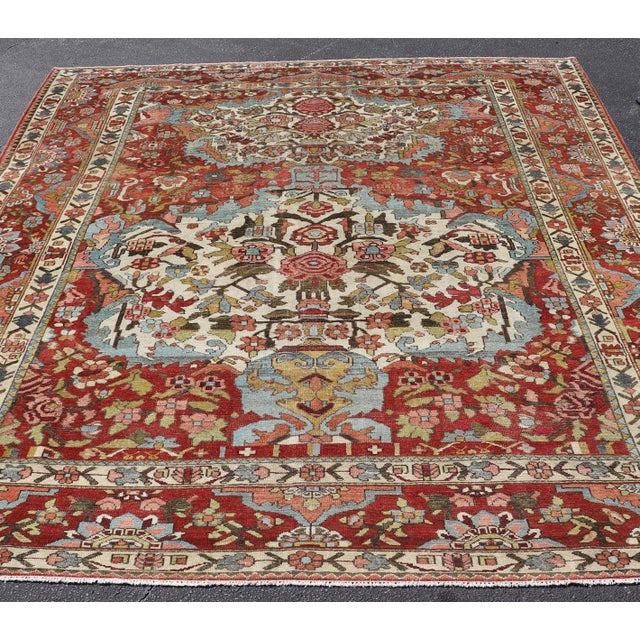 Square Antique Persian Bakhtiari Rug With Red Field and Ivory Medallion For Sale - Image 4 of 16