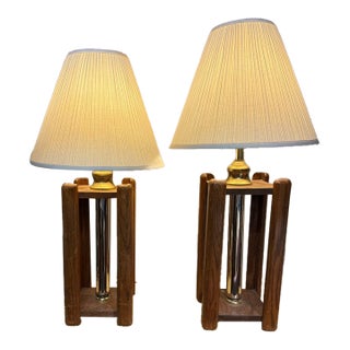 1970’s Hollywood Regency Style Brass and Wood Lamp Pair For Sale