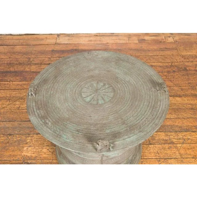 Vintage Laotian Style Bronze Rain Drum with Geometric Motifs & Frog Finials For Sale In New York - Image 6 of 12