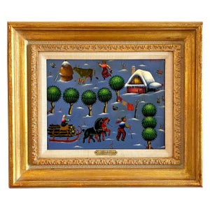 Ljubomir Milinkov, Folk Art Naive Oil Painting Ljubomir Milinkov Whimsical Pastoral Farm Landscape