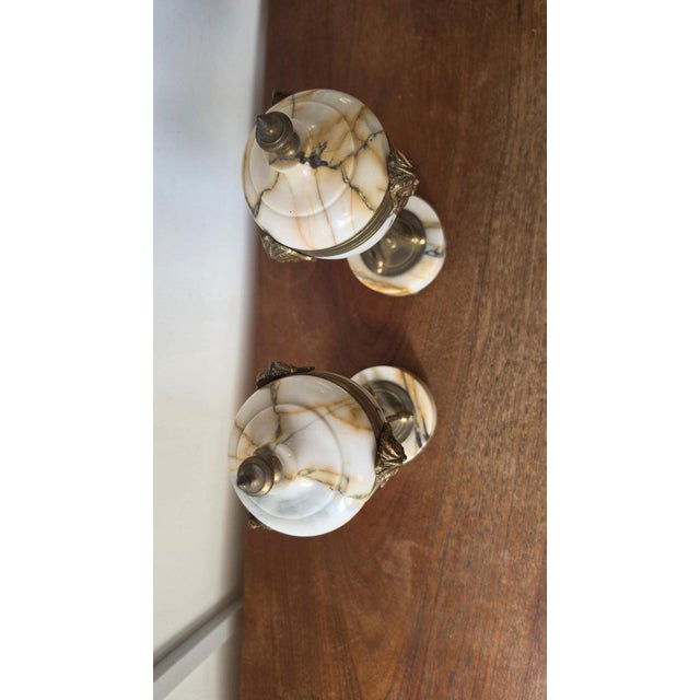 Late 20th Century Pair Antique French Marble & Bronze Urns Neoclassical Cassolettes Empire Garniture Mantel Decor Lidded Decorative Urns For Sale - Image 5 of 14