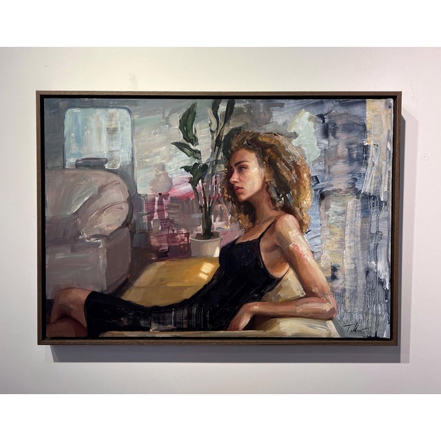 Room to Breathe by Matt Talbert | Oil on panel of a woman sitting in a modern living space. For Sale - Image 4 of 5