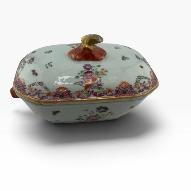 A charming Chinese export-style famille rose covered butter dish in the Qianlong manner, beautifully hand-painted with...