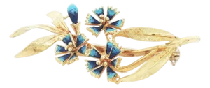 18k Mid 20th Century Yellow Gold Blue Enameled Flower Spray Pin