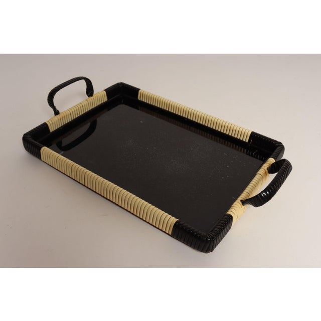 1930s Art Deco Cream and Black Woven Rubber Vanity/Serving Tray With Glass Surface For Sale - Image 5 of 15