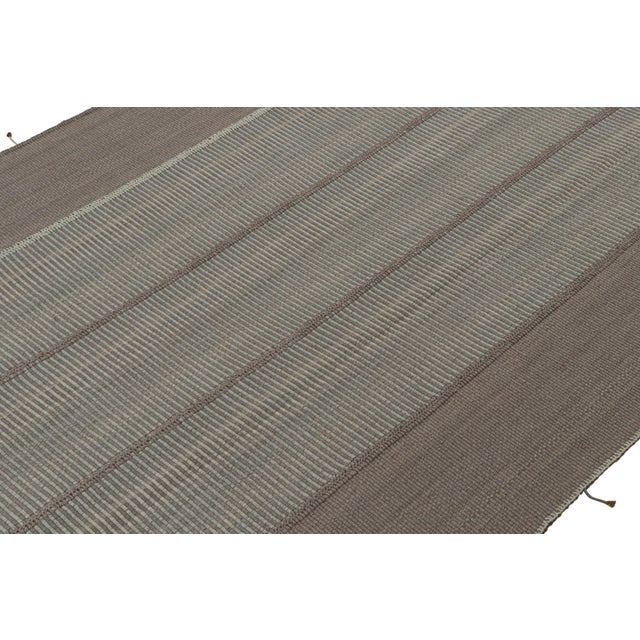 Rug & Kilim’s Contemporary Kilim in Gray and Blue Stripes With Brown Accents For Sale In New York - Image 6 of 7