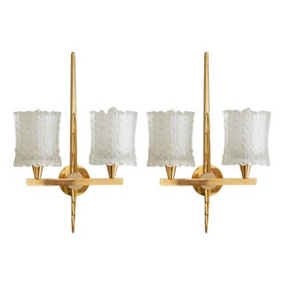 1940s French Brass + Glass Sconces Attributed to Maison Arlus - a Pair For Sale