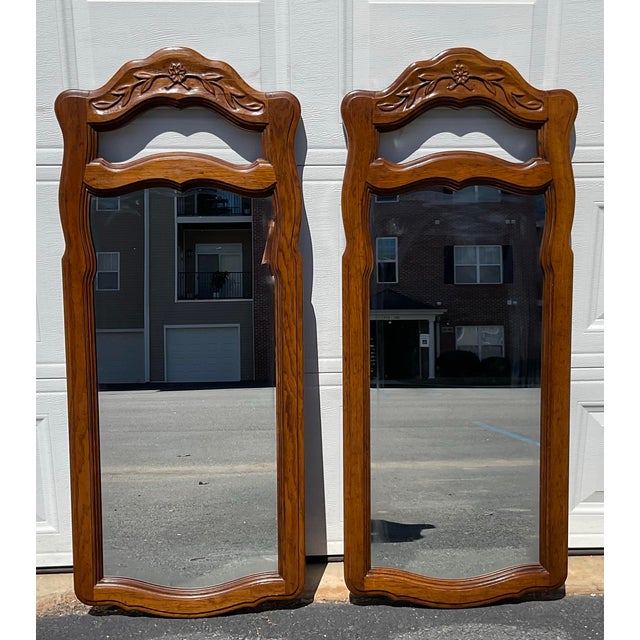 Wood Pair of Vintage Drexel Heritage French Provincial Fruitwood Carved Mirrors, 1970s For Sale - Image 7 of 12