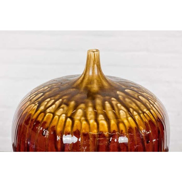 Brown Hand-Crafted Artisan Tri-Color Brown Vase with Rounded Silhouette and Dripping For Sale - Image 8 of 12