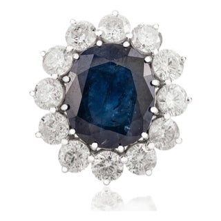 8.21ctw Deep Royal Sapphire Princess Diana Diamond Cocktail Ring in 18k White Gold Size 5.5 For Sale