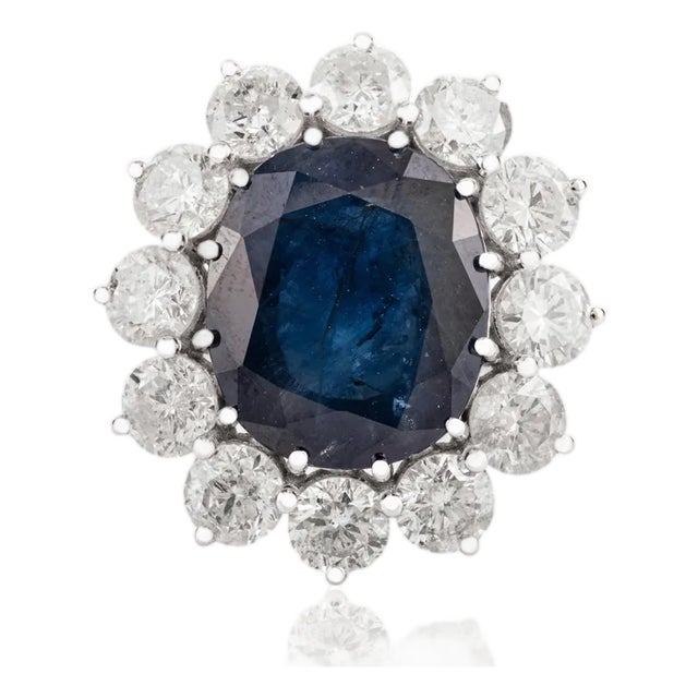 8.21ctw Deep Royal Sapphire Princess Diana Diamond Cocktail Ring in 18k White Gold Size 5.5 For Sale