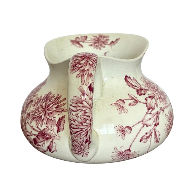 Maroon Antique French Longwy Pitcher Red Floral Transferware Faience Jug from Manufacture Des Emaux De Longwy, 1900s For Sale - Image 8 of 9