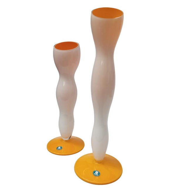 Set of two hand-blown glass vases made in Czechoslovakia (remote location) by Barovier & Toso B.A.G., dating back to the...