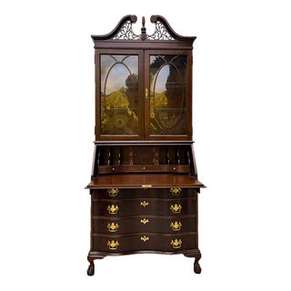 1990s Jasper Cabinet Flame Mahogany Convex Glass Secretary With Lighted Display Cabinet For Sale