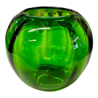 Mid Century Hand Blown Green Vase For Sale
