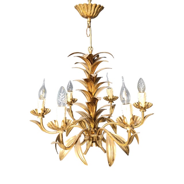 Vintage Gilt Metal Pineapple Leaf Chandelier, 1960s For Sale