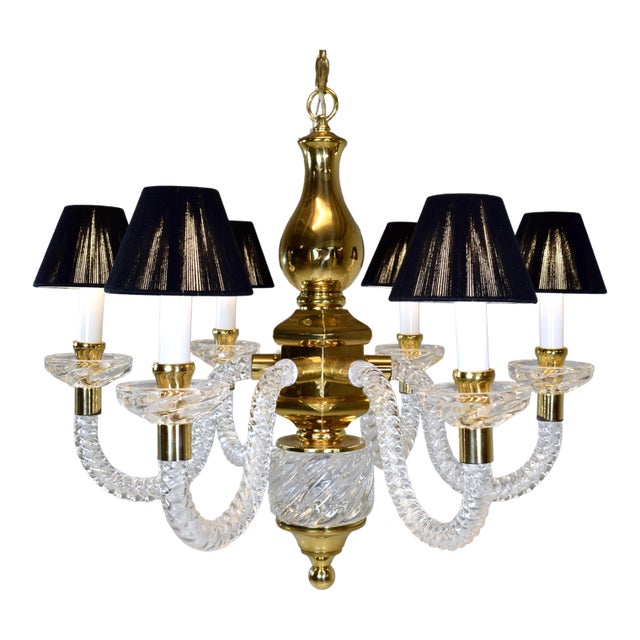 An exquisite six arm Murano twisted rope glass and cast brass chandelier after Barovier and Toso, 1970s, boasting...