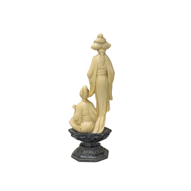 Vintage Asian Cow Bone Carved Lady W Gentleman Music Playing Figure Art For Sale - Image 4 of 11
