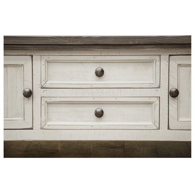 Stonegate Collection: Two-toned hand distressed white with warm stone stained tops Solid Pine wood with distressed finish...
