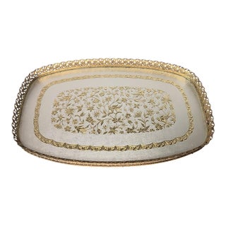 Vintage Vanity Tray Ornate Gold Filigree Rim With Gold and Silver Bird Motif Under Glass For Sale