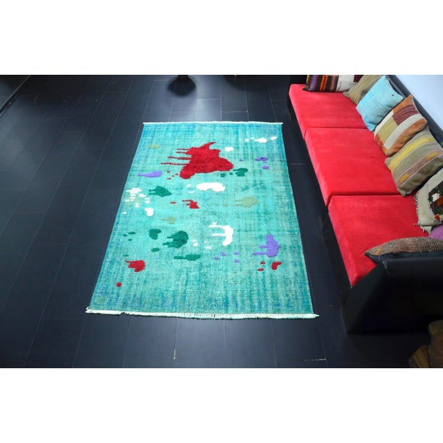 Vintage Pompom Design Turkish Handmade Turquoise Rug For Sale - Image 11 of 11