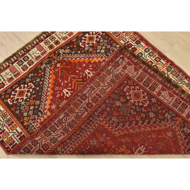 Shiraz Rug 3’10” X 5′ Red Wool Vintage Tribal Hand-Knotted Oriental Carpet For Sale - Image 12 of 13
