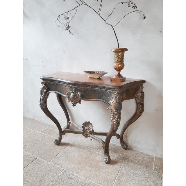 19th Century Console Table with Patina in Gold, Cognac and Petrol Tones For Sale - Image 6 of 16