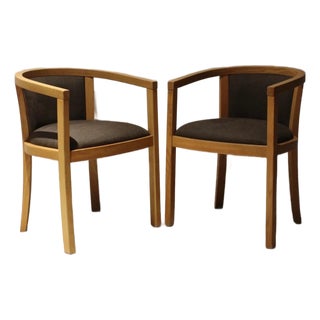 Vintage Danish Modern Oak Barrel Back Chairs | Scandinavian Lounge Armchairs Pair For Sale