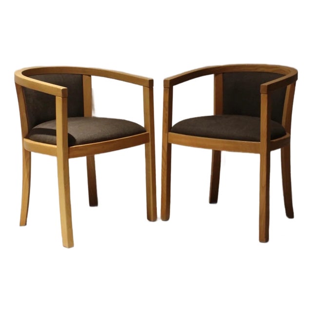 Vintage Danish Modern Oak Barrel Back Chairs | Scandinavian Lounge Armchairs Pair For Sale
