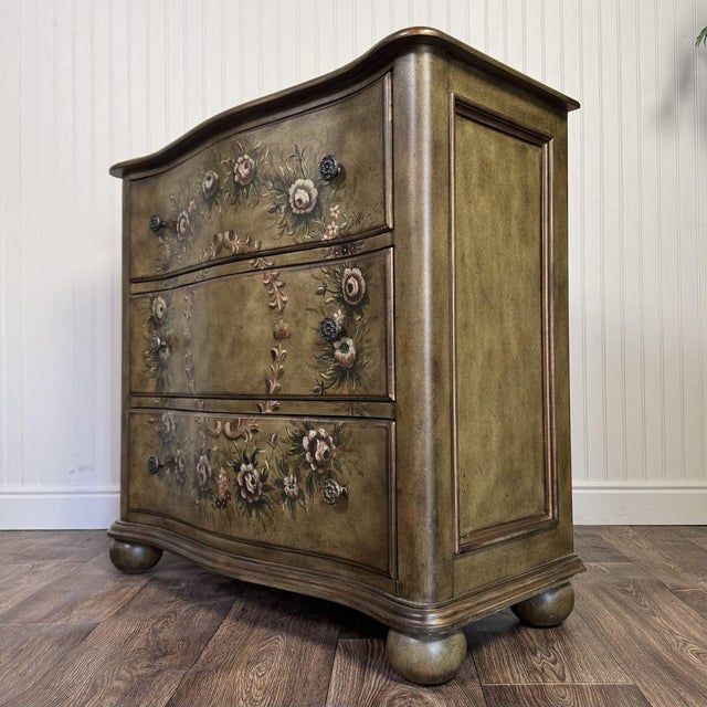 French Country Vintage Lane Hand-Painted Floral Serpentine Chest of Drawers For Sale - Image 3 of 11