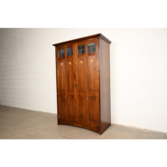 Mission Stickley Harvey Ellis Collection Mission Arts & Crafts Inlaid Oak and Leaded Glass Armoire or Media Cabinet For Sale - Image 3 of 17