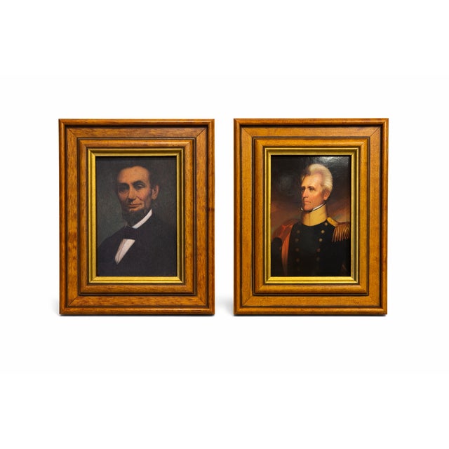 1950s Vintage Abraham Lincoln & Andrew Jackson Presidential Portrait Plaques – Framed Americana Wall Art Pair Reproduction For Sale - Image 5 of 5