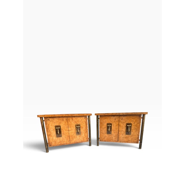 1960s 1960s William Doezema for Mastercraft Carpathian Elm Burl & Brass Floating Nightstands — Pair, Attributed For Sale - Image 5 of 18
