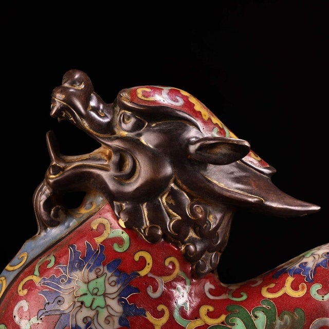 Metal Vintage Cloisonne Enamel Mythical Beast Figure – 11.8" Qilin Sculpture For Sale - Image 7 of 9