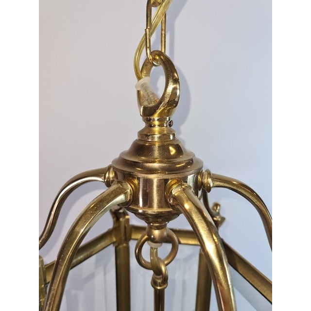 English Antique Brass Hexagon Beveled Glass Hall Lantern, Late 1800 - Early 1900 For Sale - Image 3 of 13