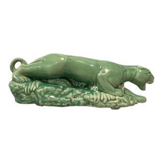 Vintage Green Glazed Panther Planter—attributed to Haeger Pottery, Mid-Century Modern With Art Deco Influence For Sale