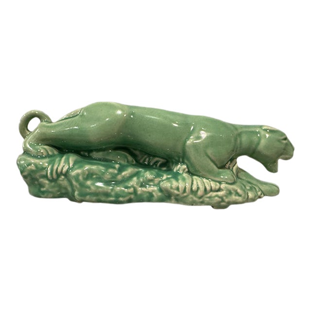 Vintage Green Glazed Panther Planter—attributed to Haeger Pottery, Mid-Century Modern With Art Deco Influence For Sale