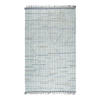 5x9 Ivory Hand-Knotted Wool Linear Gridwork Geometric Modern Carpet Rug For Sale