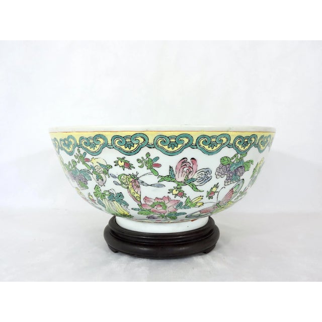Large Chinese White and Yellow Famille Rose Butterfly Porcelain Bowl & Carved Rosewood Stand For Sale - Image 13 of 13