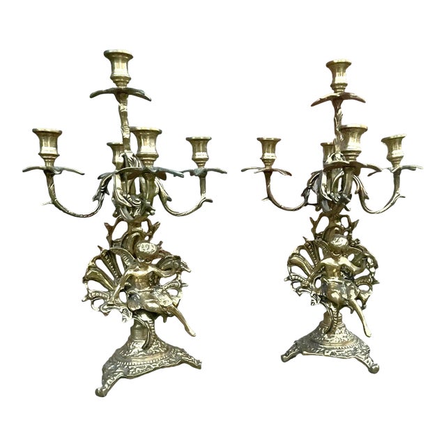 Vintage 1950s Saudi Arabian Meets Rococo Brass Candelabras a Pair. For Sale