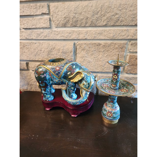 18th Century Important Pair Gilt Bronze and Cloisonne Elephant Altar Candle Holders For Sale - Image 11 of 13
