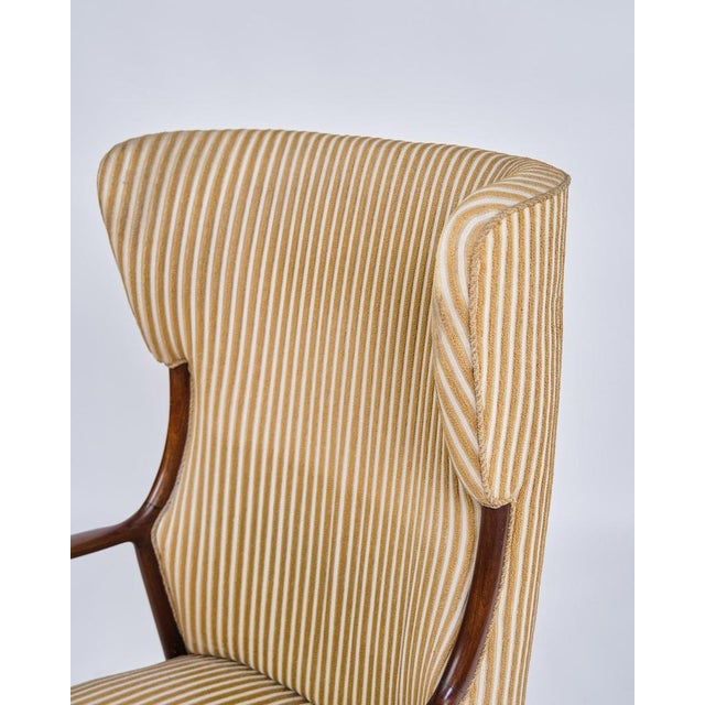 Ear Flap Chair in Rosewood and Striped Fabric, 1930s For Sale - Image 4 of 10